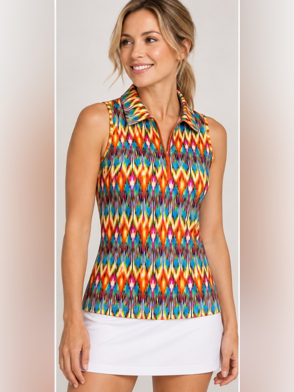 Tzu Tzu Women’s M Sleeveless Golf Polo Multicolor Abstract Print 1/4 Zip